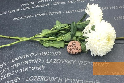 Image: Jurbarkas, 2019, Flowers commemorate a Jewish family on the day of the opening of the memorial, Elke Bredereck