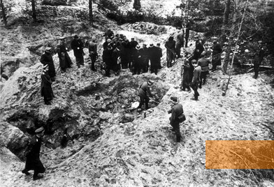 Bild:Katyn, 1943, Eine internationale Delegation besichtigt unter deutscher Leitung die Massengräber, Yad Vashem