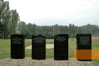 Image: Brzezinka, 2005, Memorial stones behind the former location of crematorium III, in front of a pond into which the ashes of victims were scattered, Targon