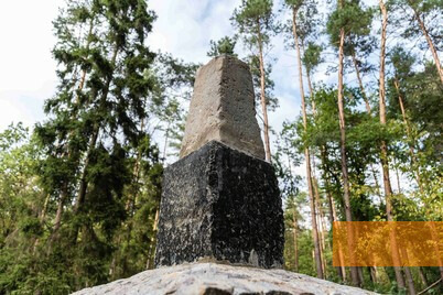 Image: Vakhnivka, 2019, Old obelisk from the post-war period at the mass grave in the forest, Stiftung Denkmal, Anna Voitenko