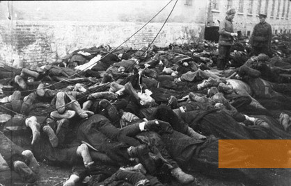 Image: Sonnenburg, 1945, Soviet soldiers and victims of a massacre committed by the SS on the night of January 30 1945 on 800 prisoners, Bundesarchiv, Bild 183-E0406-0022-035, k.A.