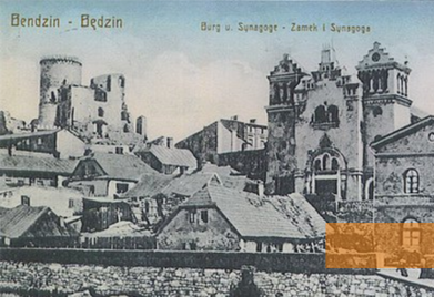 Image: Będzin, about 1900, View of the synagogue beneath the castle, public domain