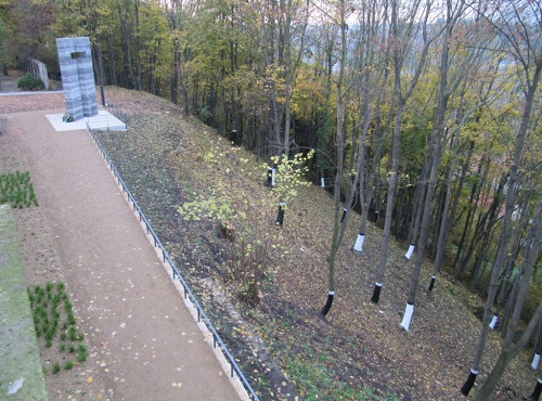 Pirna, 2011, Blick auf das Gedenkkreuz und das Gräberfeld, Gedenkstätte Pirna-Sonnenstein