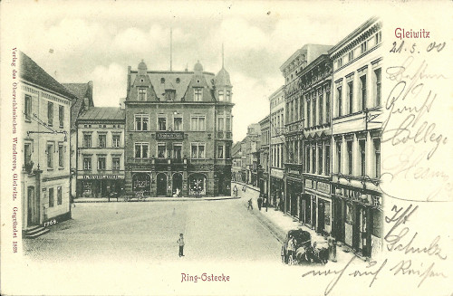 Gleiwitz, 1900, Die Ansichtskarte (um 1900) zeigt die großelterliche Weinhandlung der Familie von Oscar Troplowitz (1863-1918), den Erfinder der NIVEA-Creme, gemeinfrei