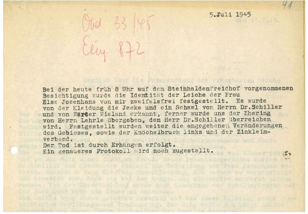 Stuttgart, 1945, Bericht der Alliierten zur im Hotel Silber misshandelten und ermordeten Else Josenhans, Landesarchiv Baden-Württemberg, Staatsarchiv Ludwigsburg EL 317 VI Bü 8 Qu 41r