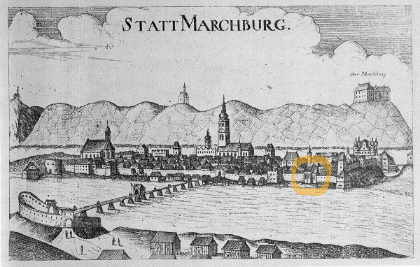 Maribor, 1681, Die Allerheiligen-Kirche (ehemalige Synagoge) im historischen Stadtbild, Wikimedia Commons / Hubertl / Georg Matthäus Vischer, Topographia Ducatus Stiriae