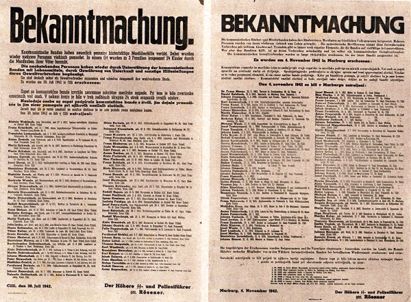 Maribor, 1942, Bekanntmachung zur Hinrichtung von Partisanen in Maribor, Wikimedia Commons / Ipos