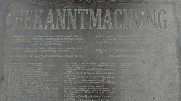 Maribor, o.D., In das NOB-Denkmal eingravierte Bekanntmachung auf Deutsch, Spomenik Database