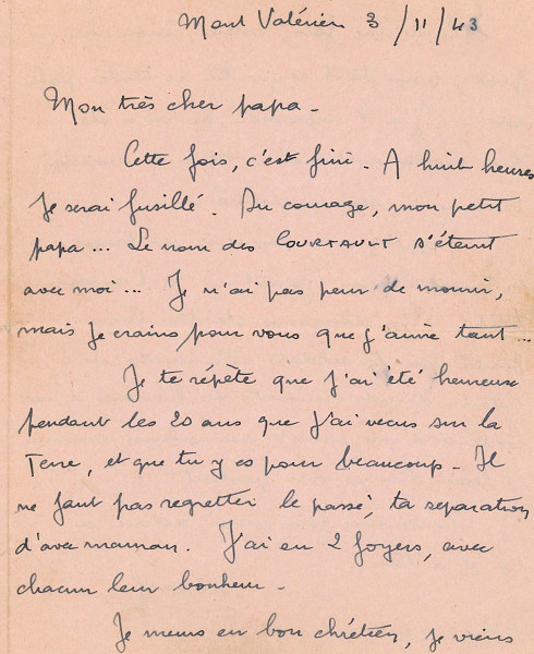 Suresnes, 1943, Erste Seite des Abschiedsbriefs von Bernard Courtault an seinen Vater vor seiner Hinrichtung am 3. November 1943, Archives départementales des Hauts-de-Seine, 185J16
