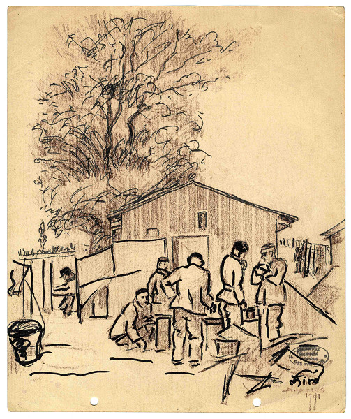 Argelès-sur-Mer, 1941, Flüchtlinge vor einer Baracke im Internierungslager Argelès-sur-Mer, Archives départementales des Pyrénées-Orientales, fonds Miro, 31FI/26